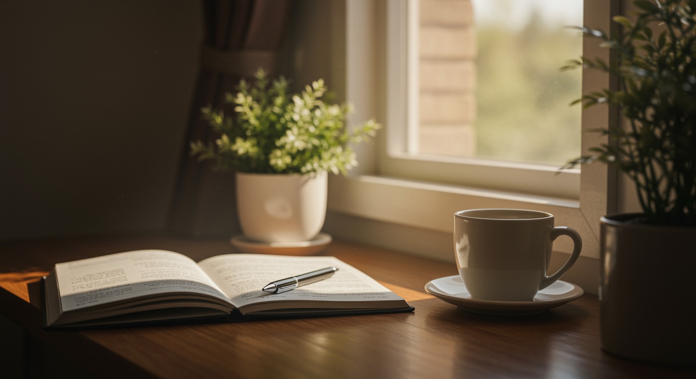 Open notebook and a cup of coffee on a wooden desk by a window with warm soft morning light and a small potted plant