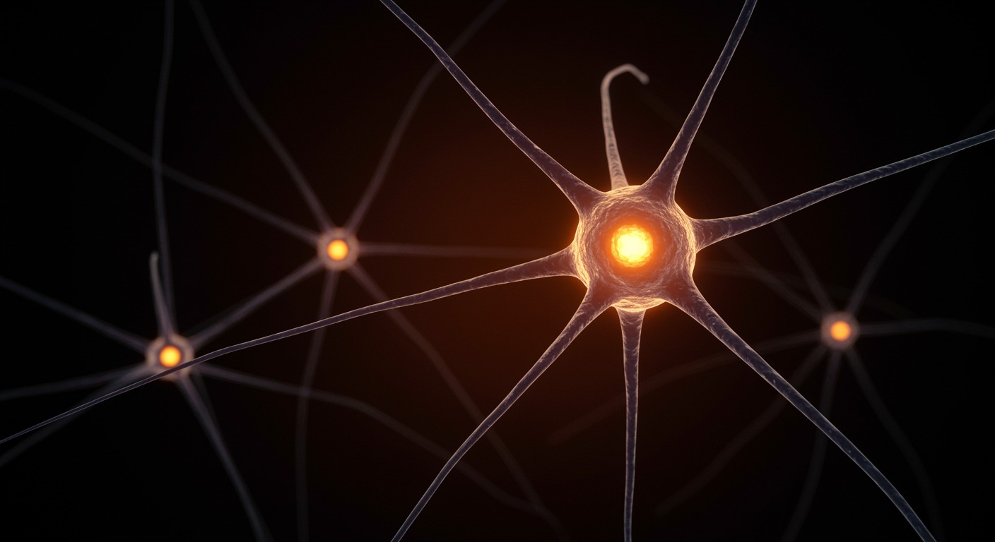 Brain neurons connecting with synaptic activity and warm lighting