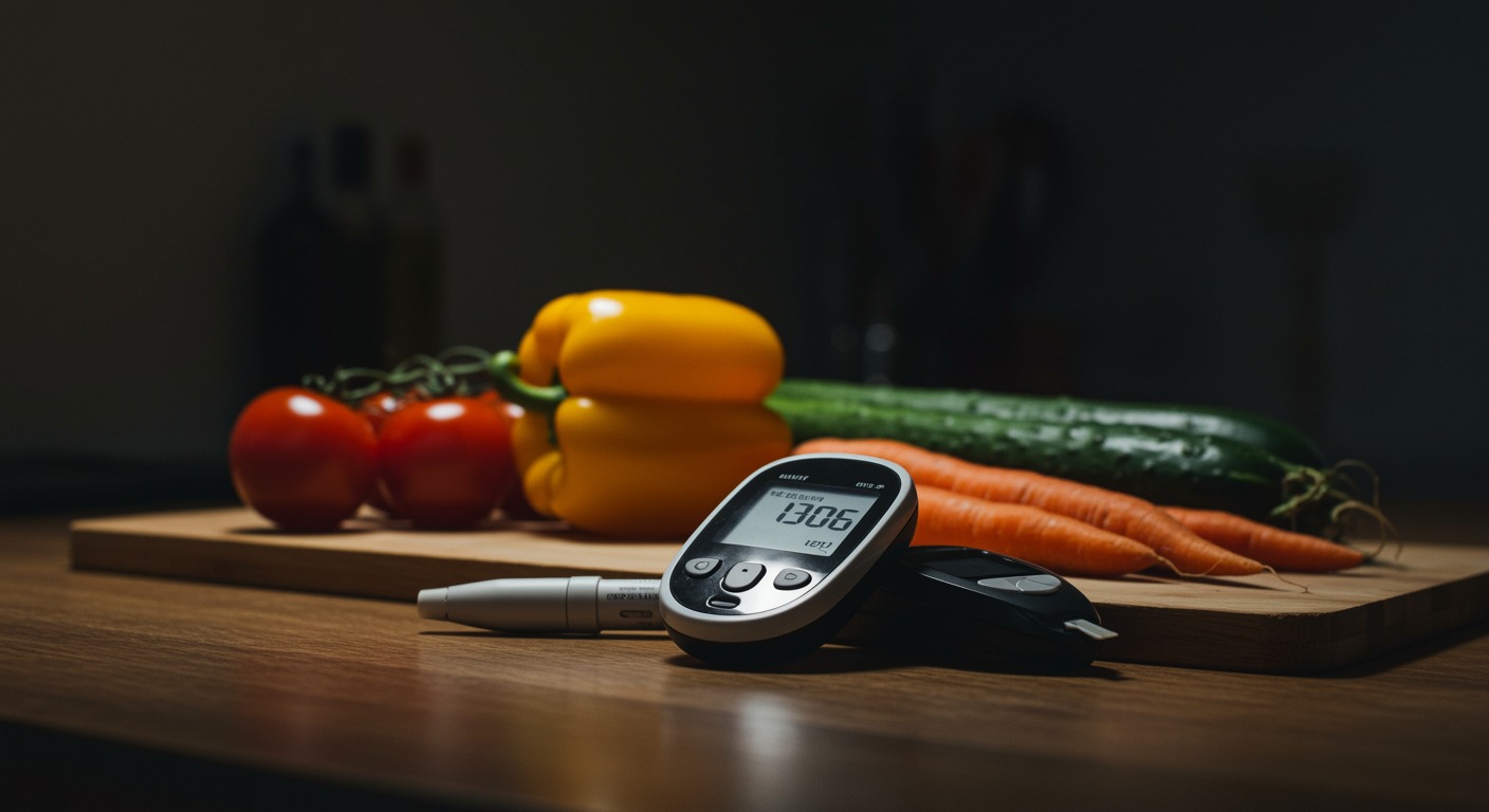 Blood glucose monitor next to fresh vegetables on a modern kitchen counter with bright overhead lighting