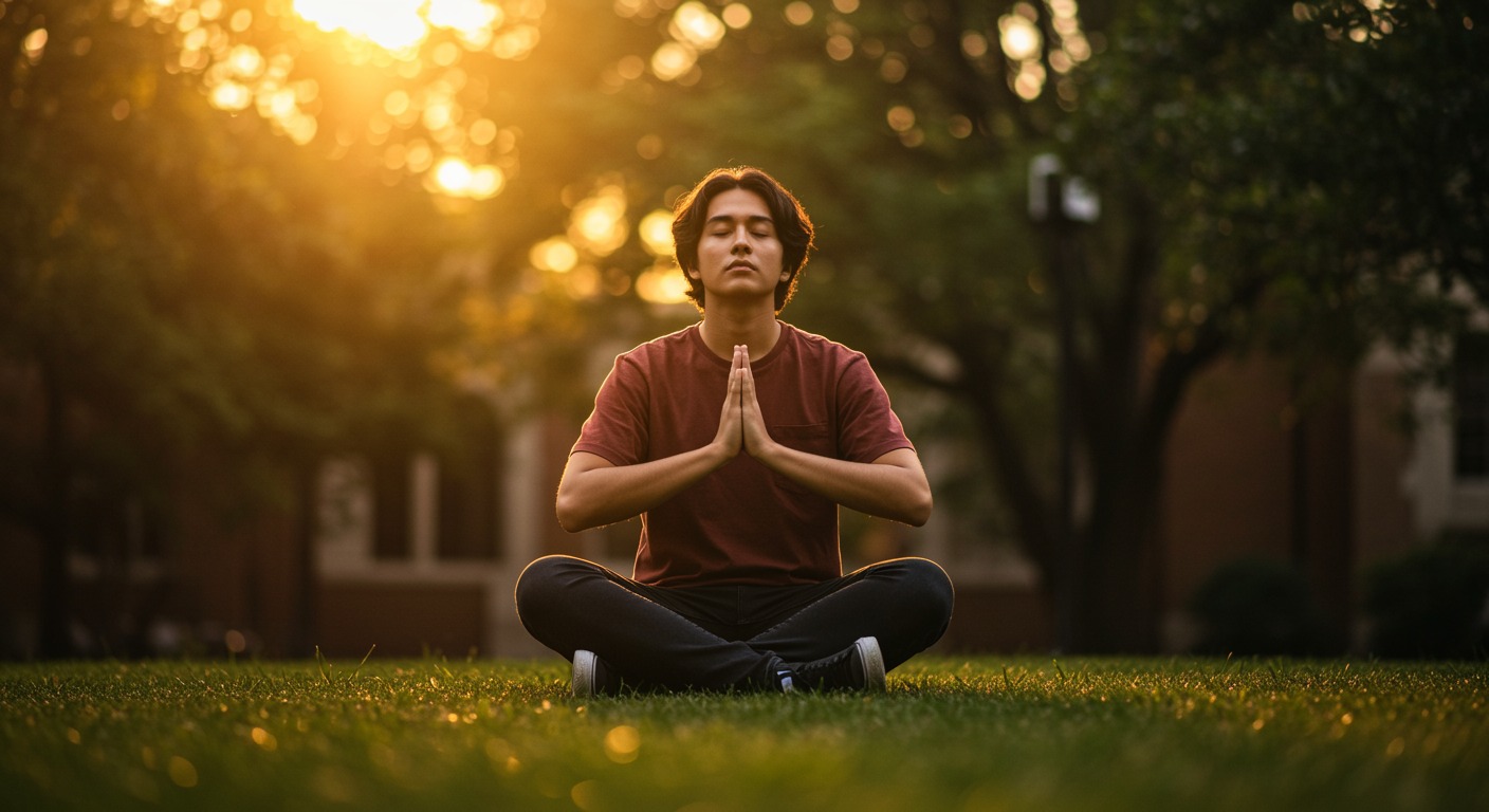 Young university student practicing mindfulness meditation in a quiet campus setting with warm soft lighting and green surroundings