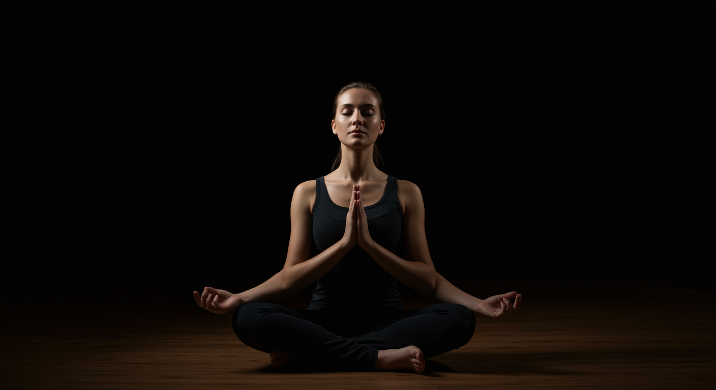 Photorealistic meditation scene showing peaceful mindfulness practice with sleep quality improvement visualization, soft contemplative lighting, no text