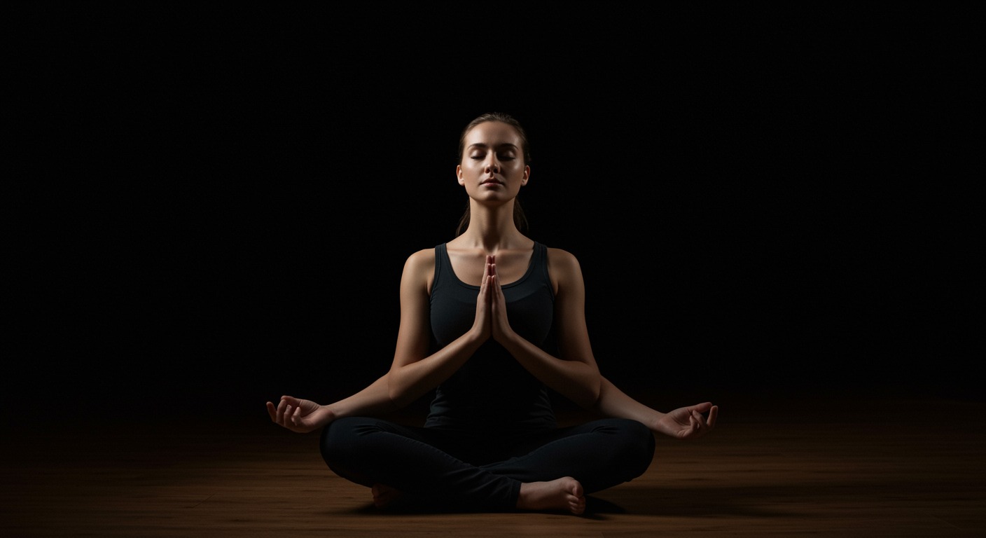 Photorealistic meditation scene showing peaceful mindfulness practice with sleep quality improvement visualization, soft contemplative lighting, no text