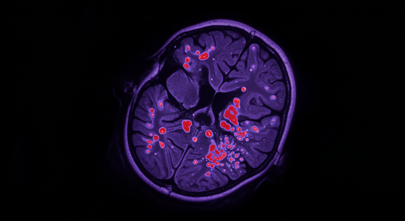 Photorealistic brain scan showing sawtooth wave patterns during REM sleep with widespread neural activation, scientific visualization with soft purple lighting, no text