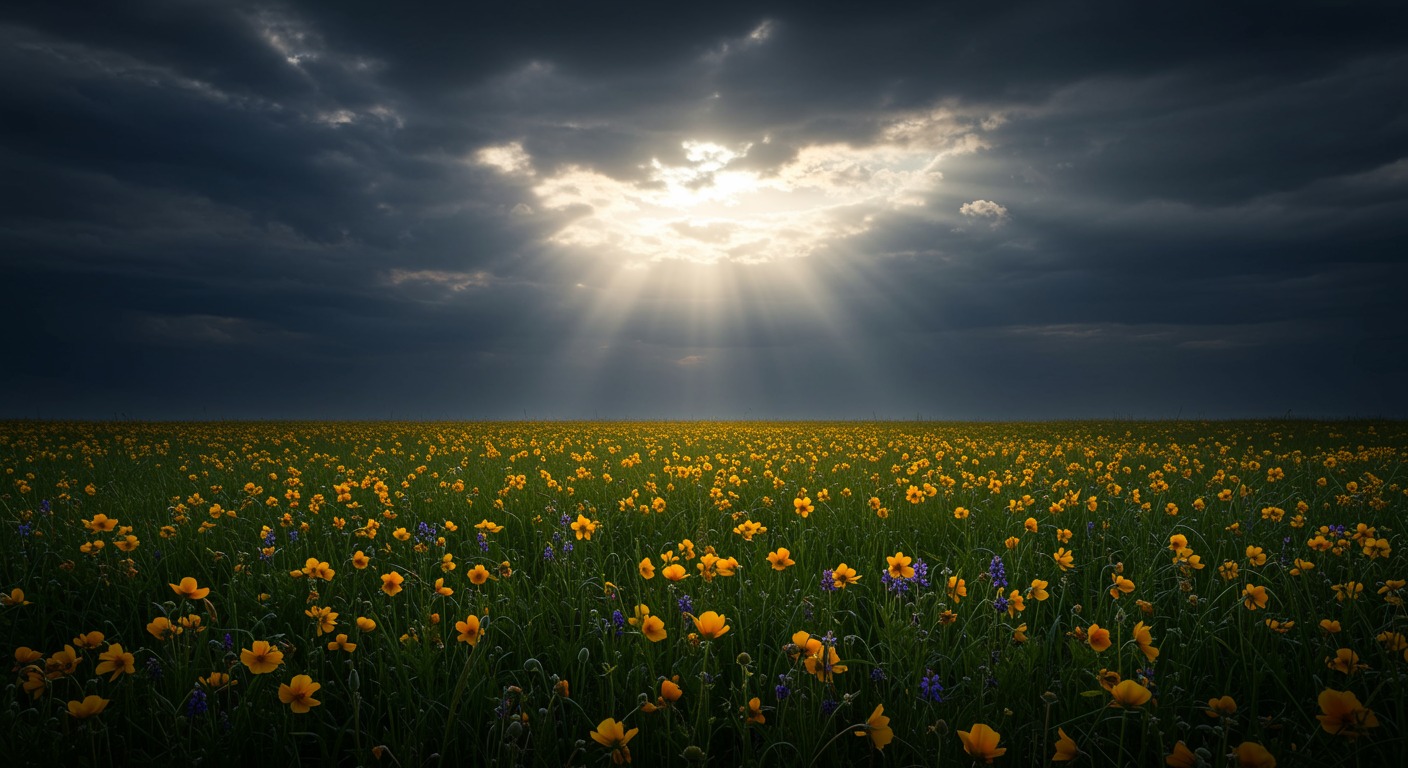 Bright wildflower meadow under dramatic clouds with a single beam of sunlight breaking through