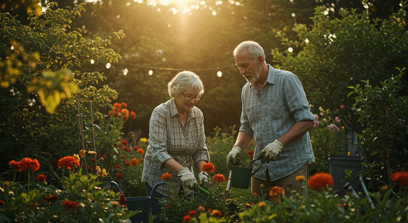 Older couple gardening together in a sunlit backyard with warm golden hour light and vibrant flowers