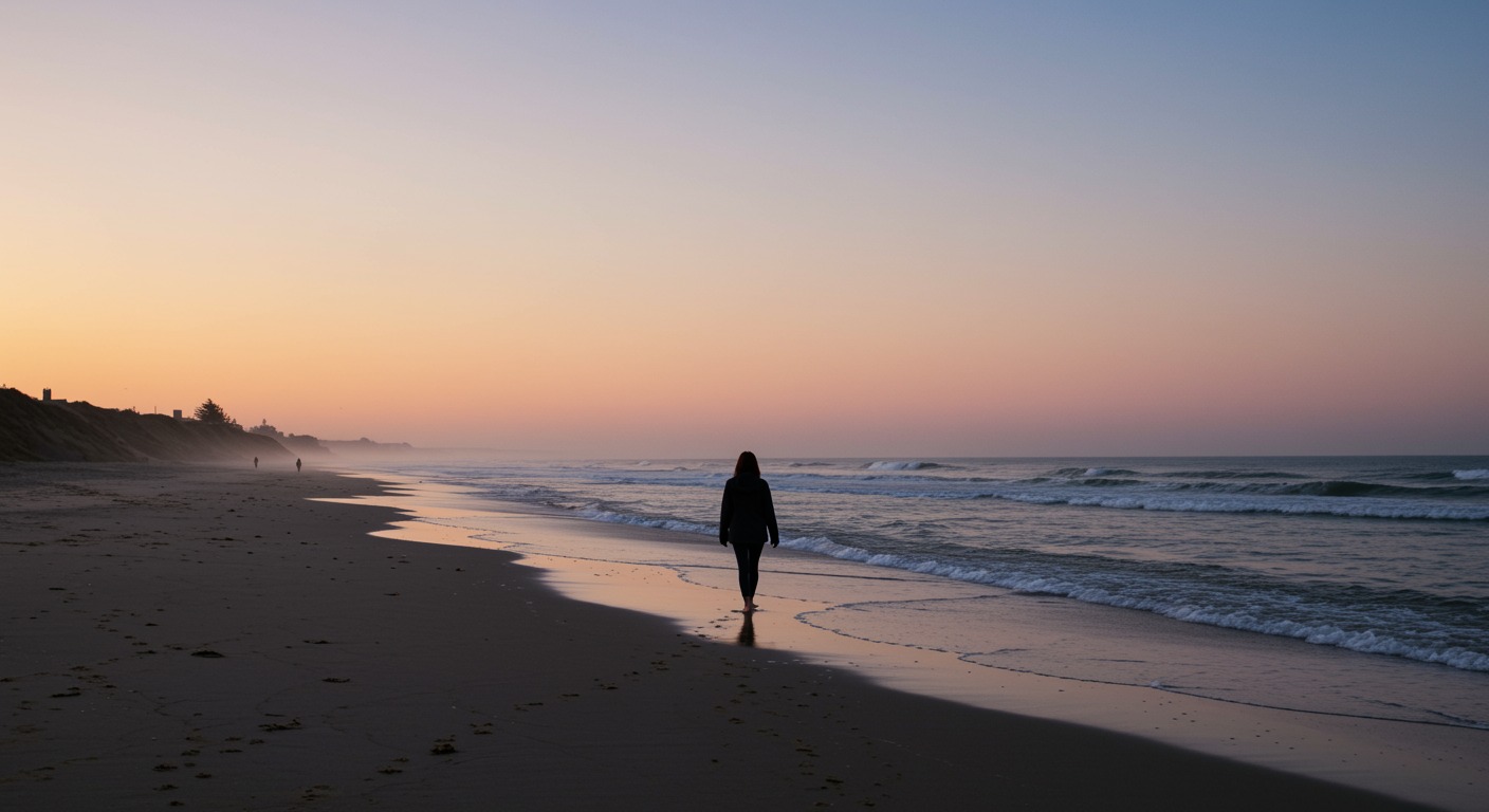 Peaceful person walking alone on a quiet beach at dawn with muted pastel sky and calm waves