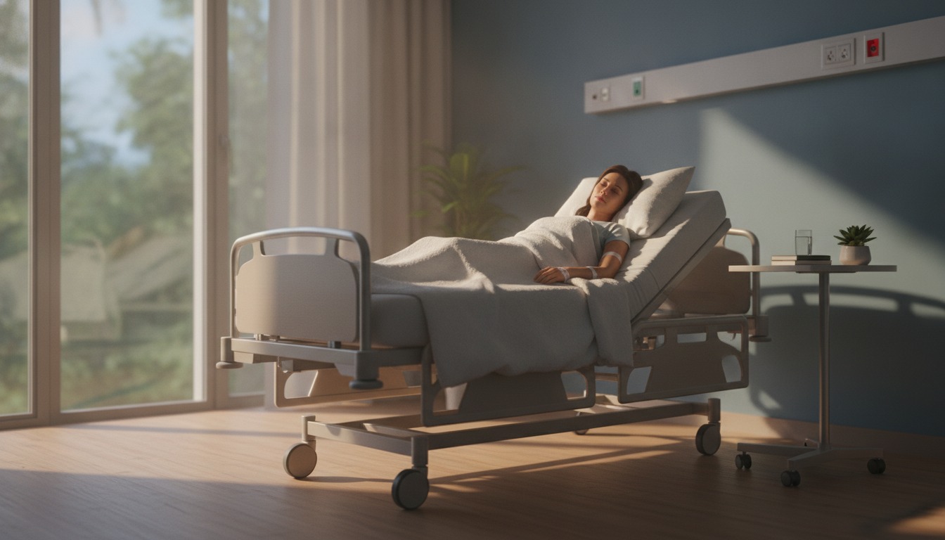 A patient resting comfortably in a hospital recovery bed with soft daylight coming through a window