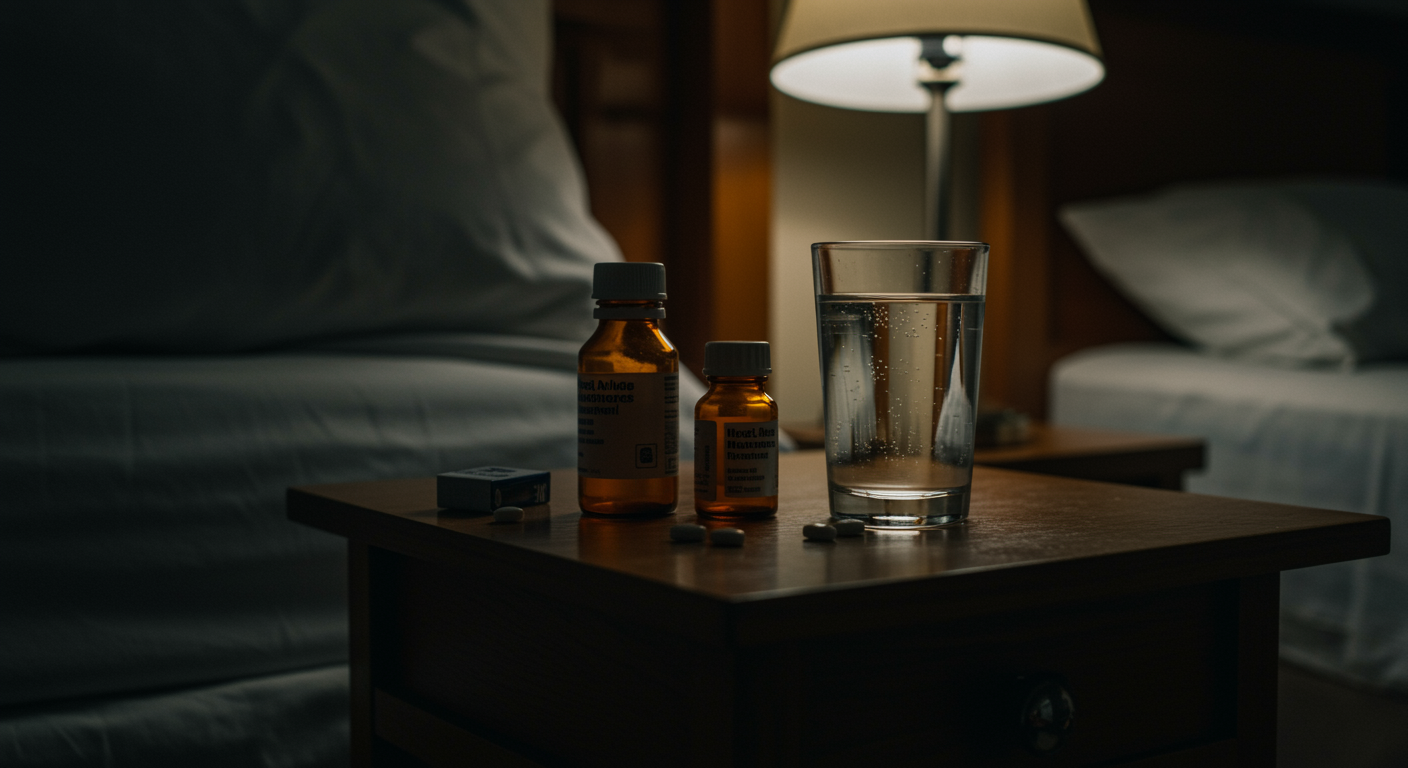 Medicine bottles and glass of water on a bedside table