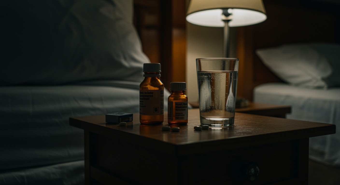 Medicine bottles and glass of water on a bedside table