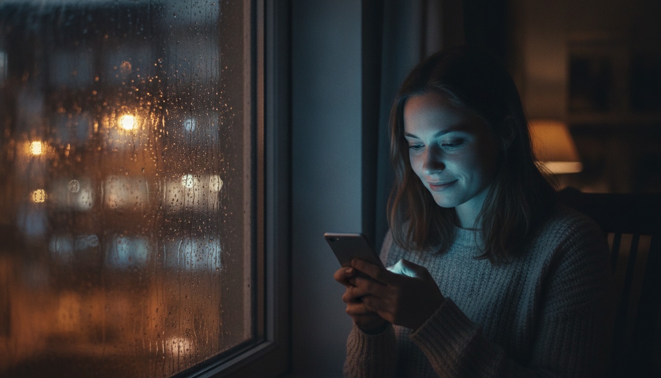 Person sitting by a rain-streaked window at night with the glow of a phone screen lighting their face