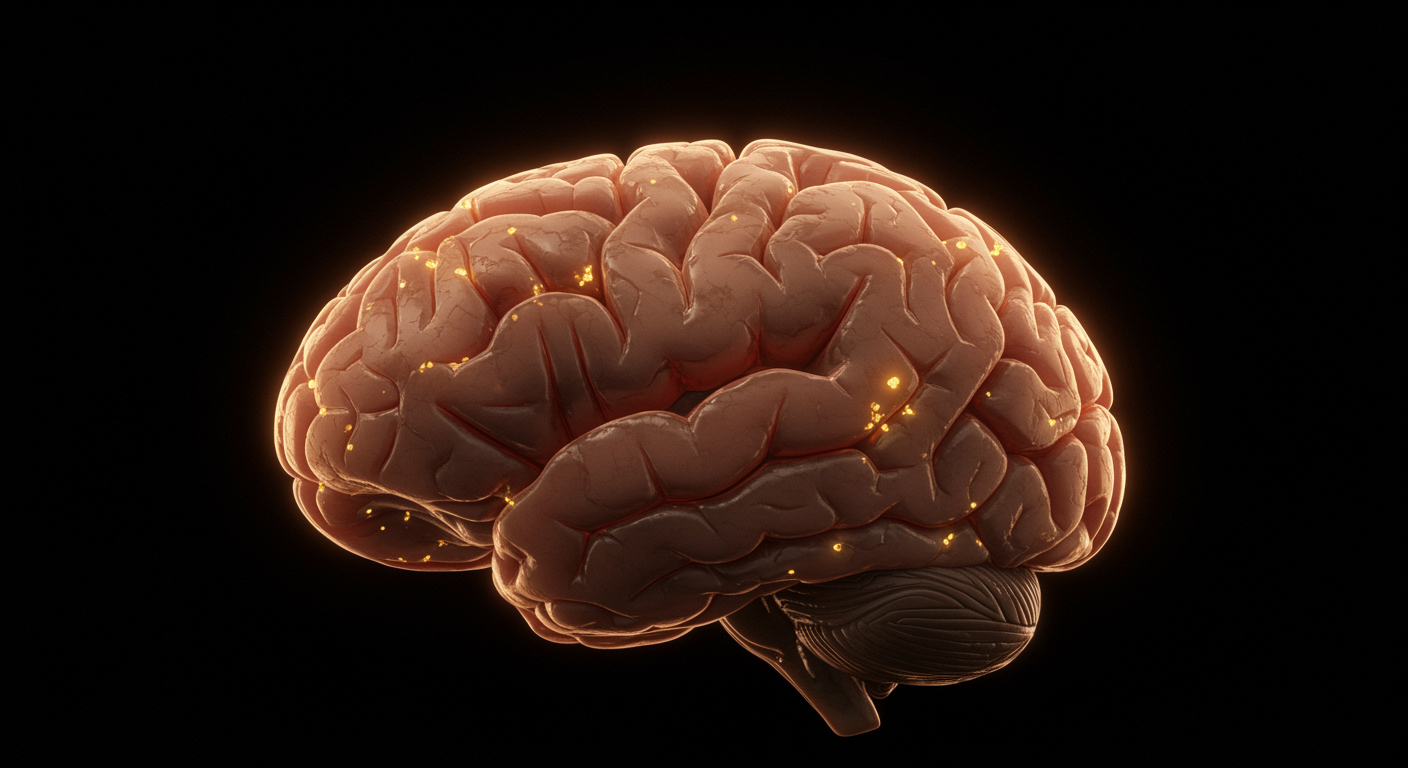 Brain tissue with neural connections and soft golden lighting