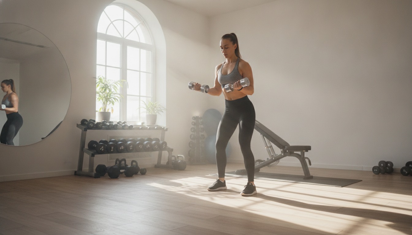 A woman lifting a pair of dumbbells in a bright home gym with soft morning light coming through a window