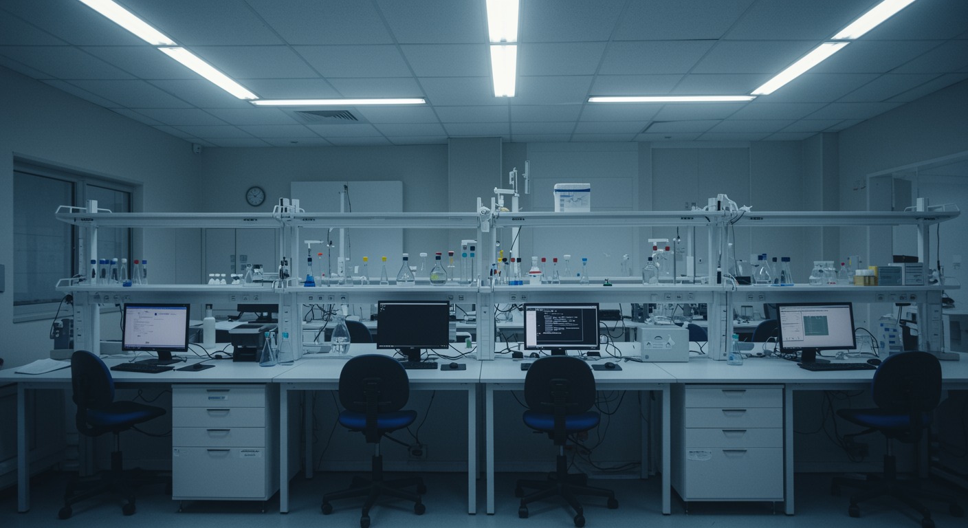 Modern research laboratory with collaborative workstations under clean white lighting