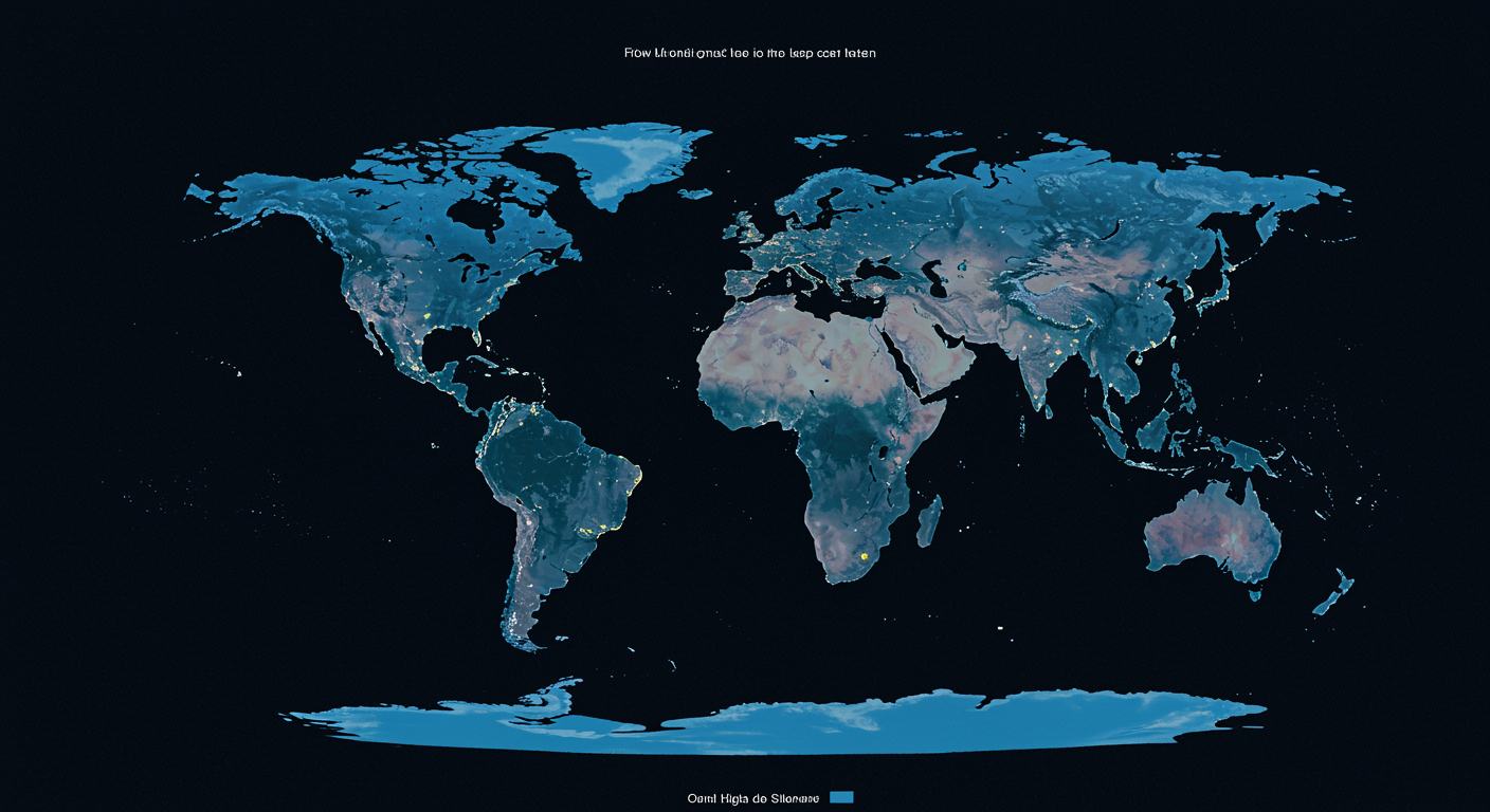 Photorealistic global visualization showing rising temperatures and sleep loss patterns across continents, with heat maps and sleep duration data, soft environmental lighting, no text