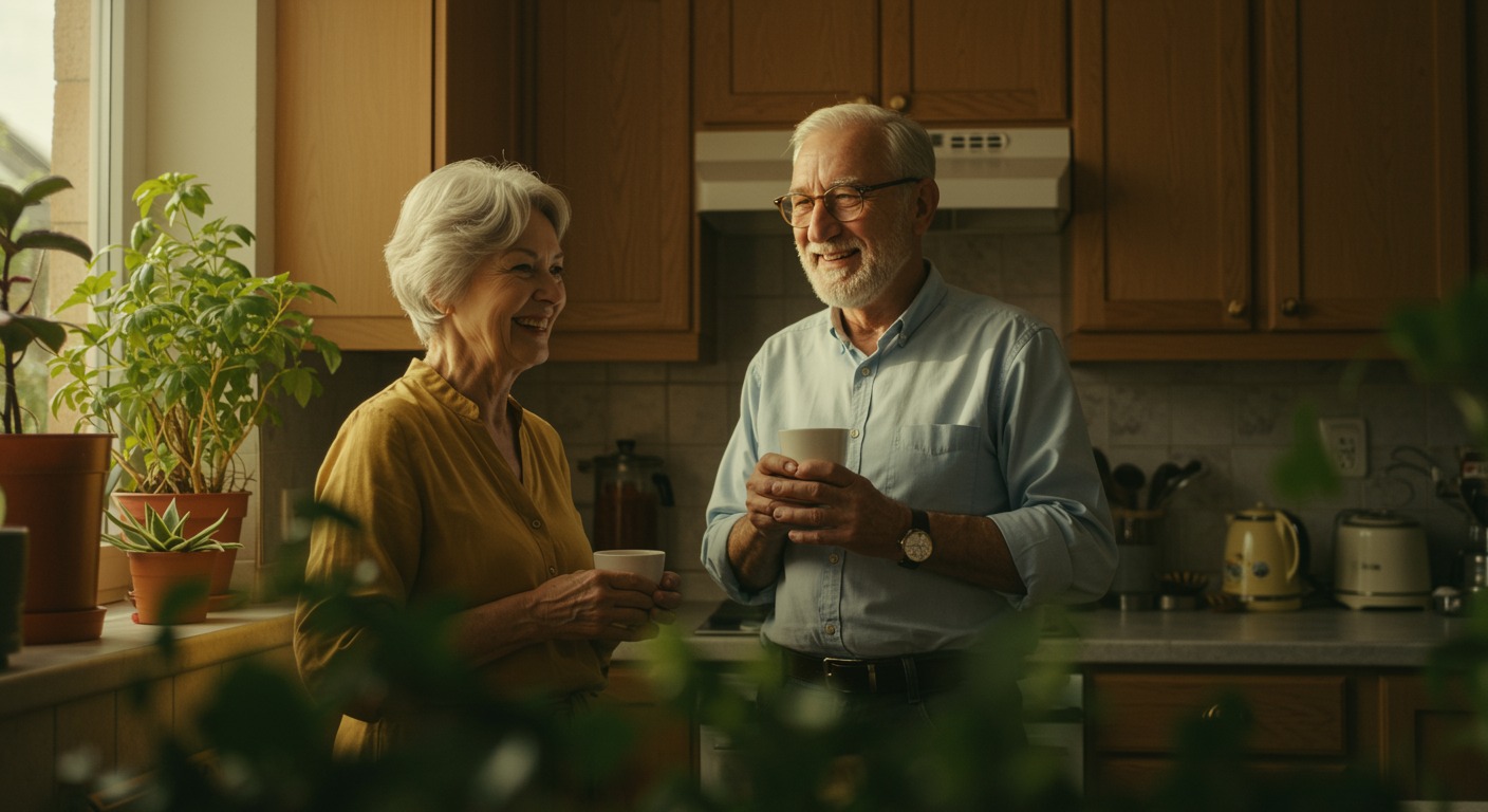 Older couple smiling and chatting over coffee in a sunlit kitchen with warm golden tones and lush green plants