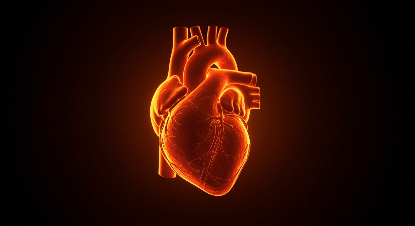 Anatomical visualization of a healthy beating human heart with warm red and golden tones, representing cardiac energy metabolism and heart health