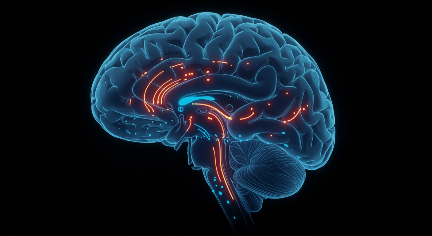 Photorealistic brain cross-section showing emotional circuits with sleep-wake cycle overlay, demonstrating mood regulation pathways, soft neurological lighting, no text