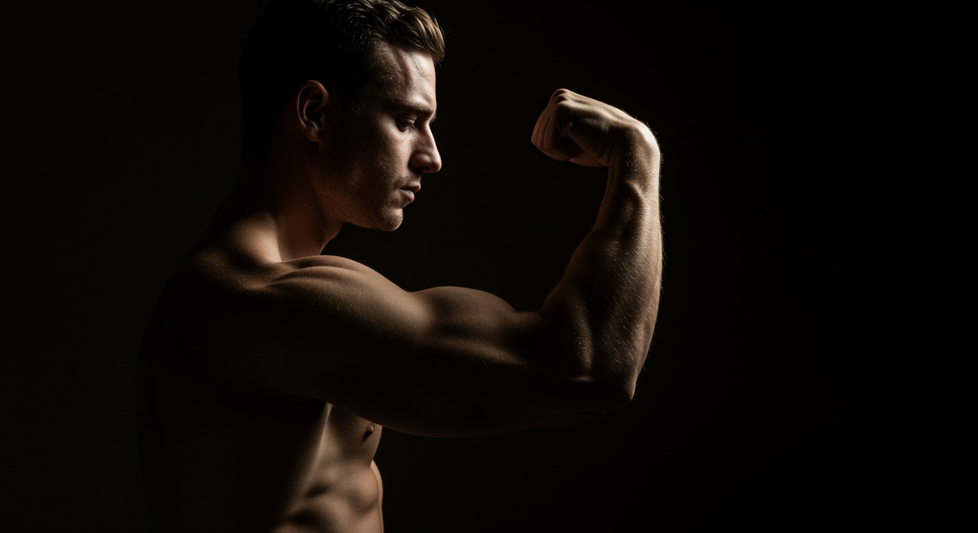 Close-up of a flexed arm showing defined muscles with dramatic single-source side lighting on dark background