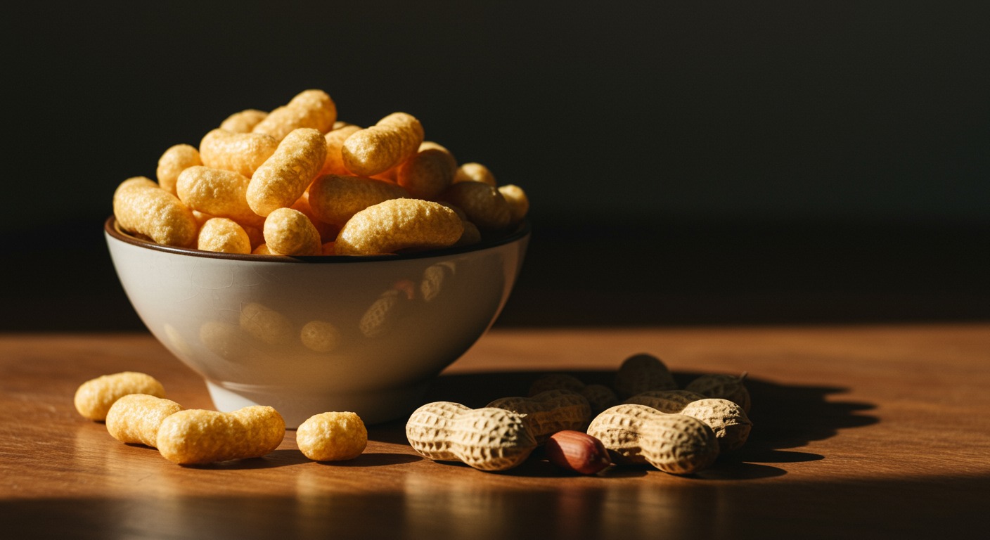 Small ceramic bowl of peanut puffs and a few whole peanuts on a wooden kitchen table in soft natural daylight