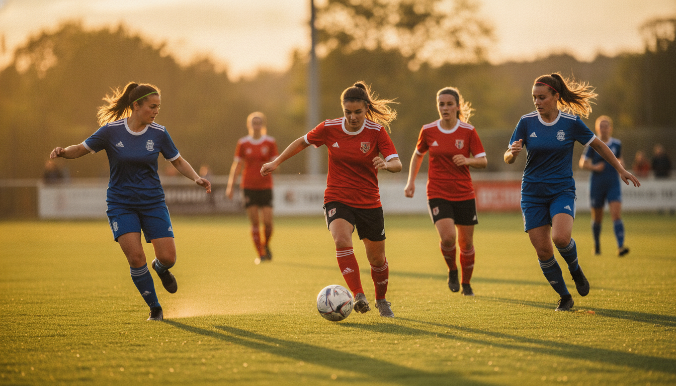 Women's soccer team in action on a grass pitch during golden hour, players chasing a round soccer ball, dynamic sports action showing athleticism and teamwork