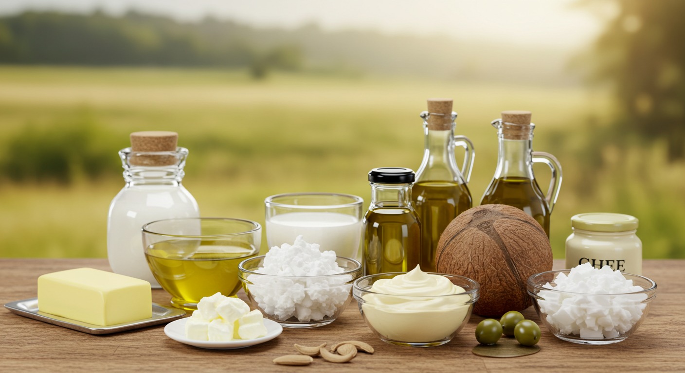 A representation of dietary fats including butter, margarine, and processed foods.