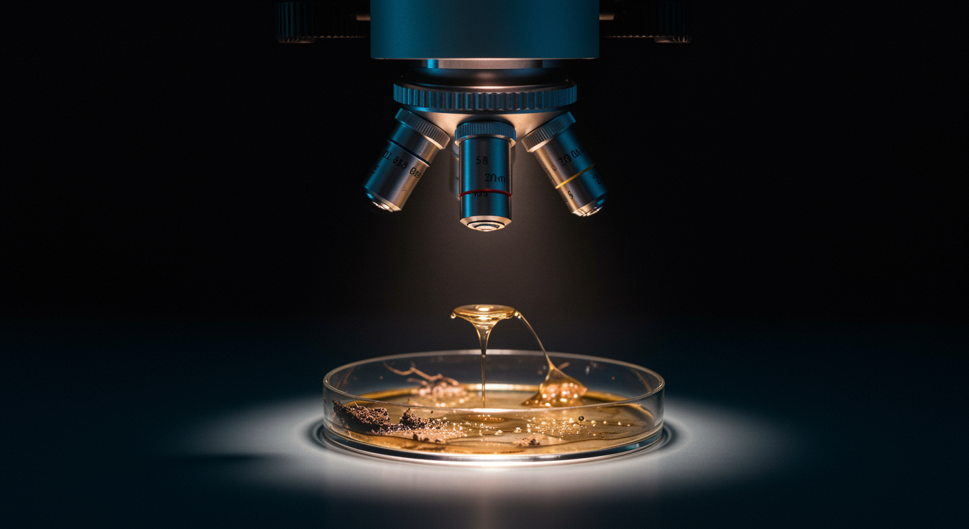 Soil samples and laboratory culture plates under scientific microscope lighting