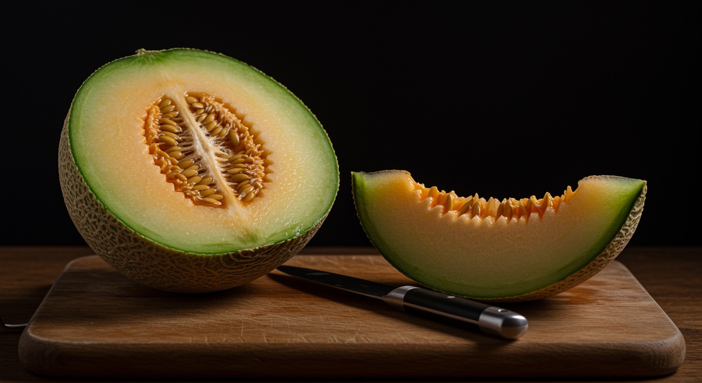 Fresh cantaloupe melon cut in half on wooden cutting board with natural lighting