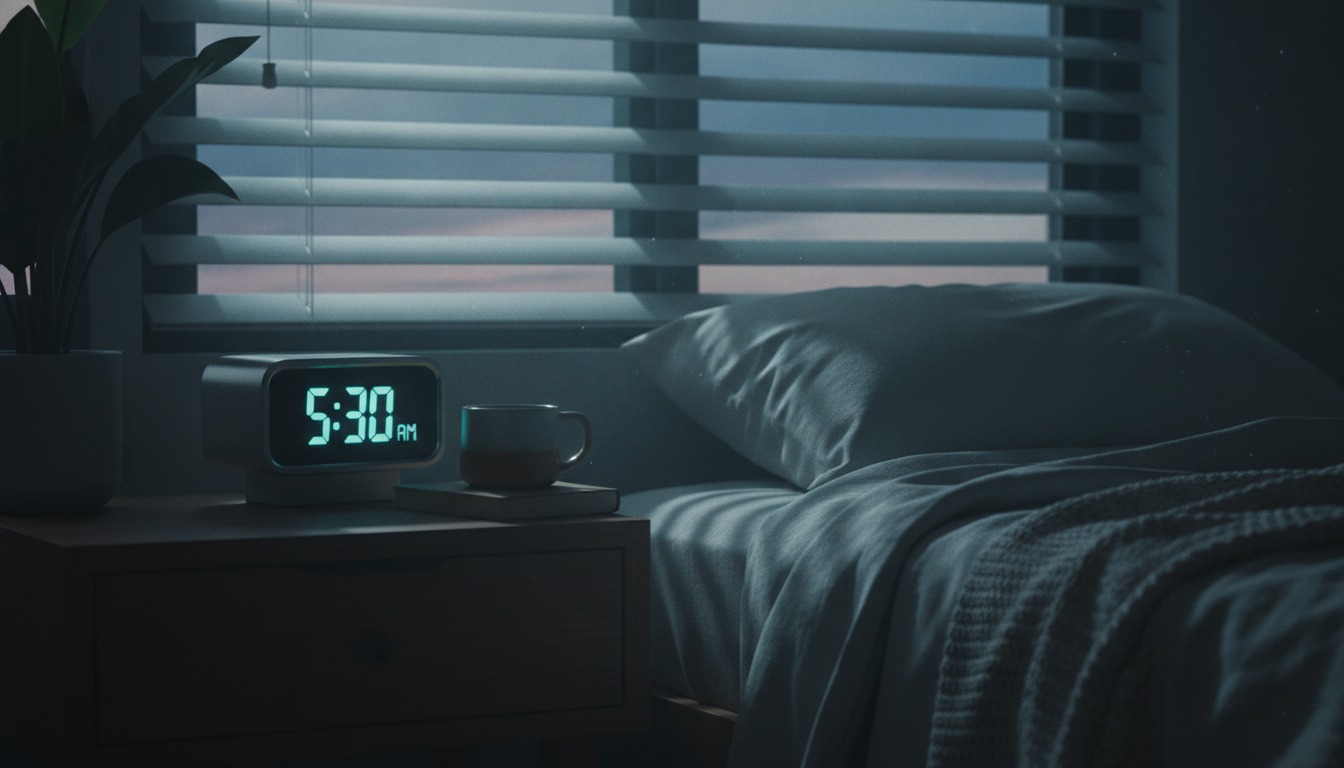 Alarm clock showing early morning time on a nightstand with cool pre-dawn light through blinds