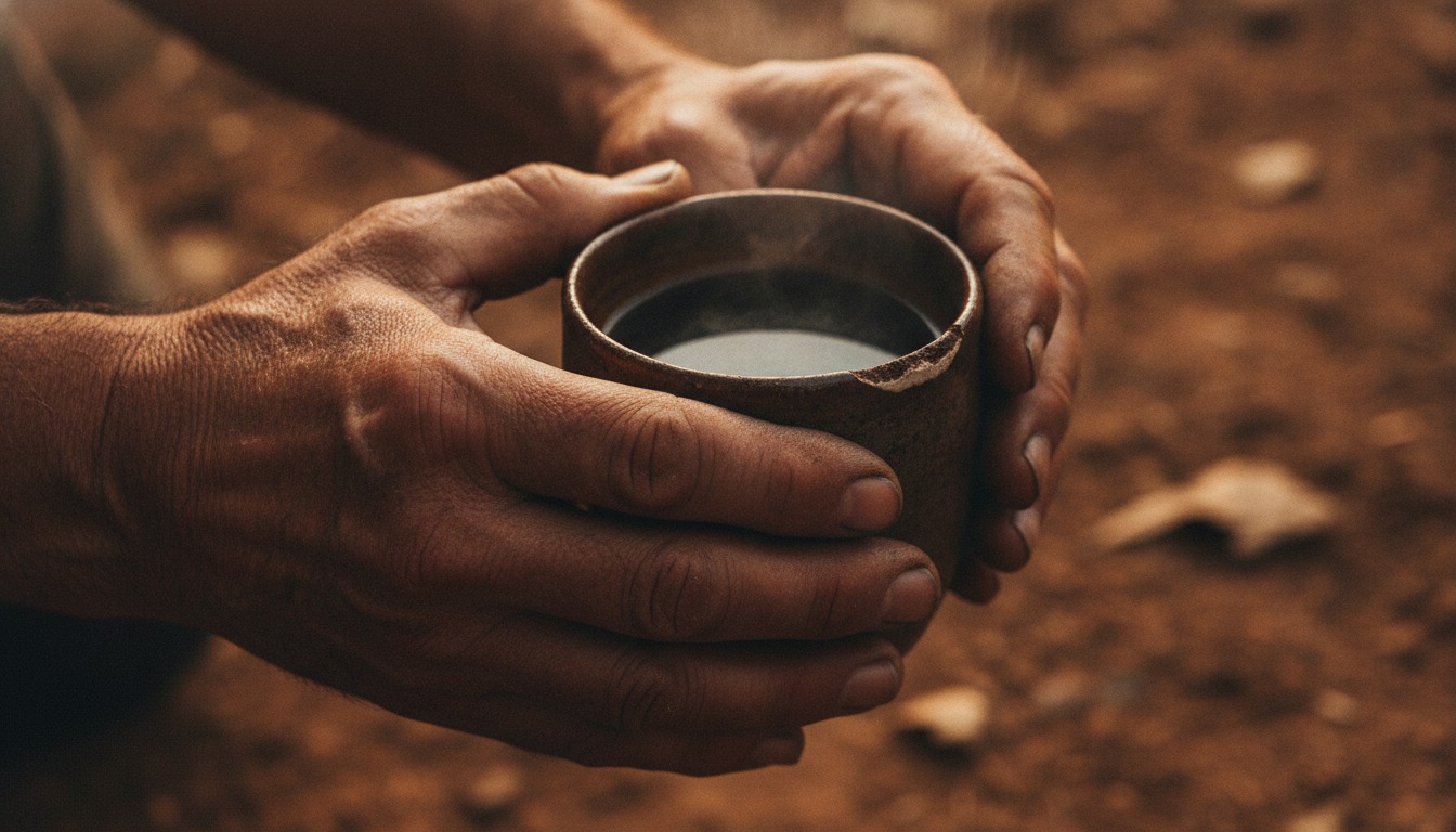 Close-up of weathered hands holding a cup of coffee with dramatic side lighting and rich earth tones