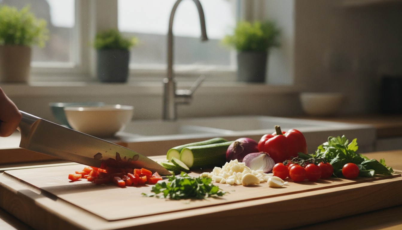 Close-up of fresh ingredients being chopped on a warm wooden cutting board in a sunlit home kitchen