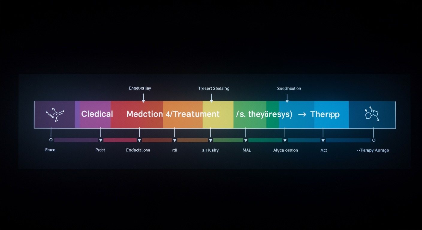 Medical treatment timeline chart showing medication to therapy transition on clinical display with professional lighting