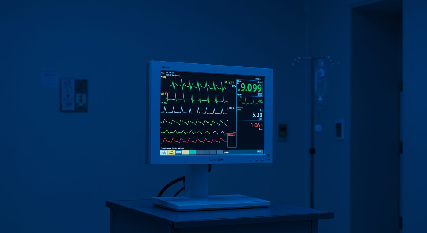 Single medical monitor displaying vital signs on clean hospital surface with soft blue lighting