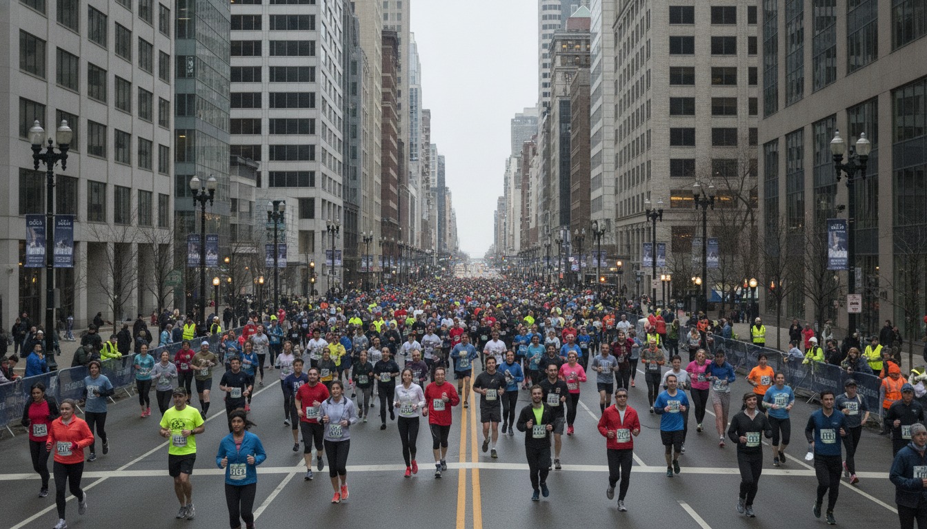 Large group of everyday runners spread across a wide city street during a marathon on an overcast morning