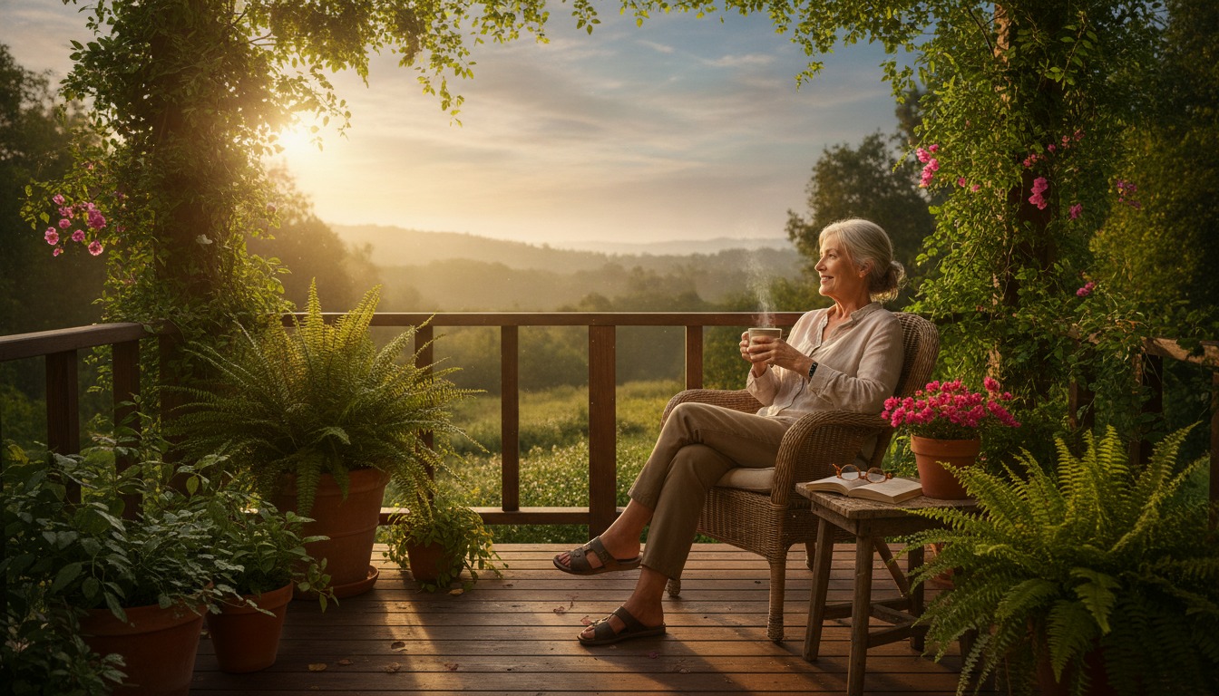 Older adult enjoying a quiet morning on a porch with a cup of coffee, surrounded by greenery in soft warm sunlight