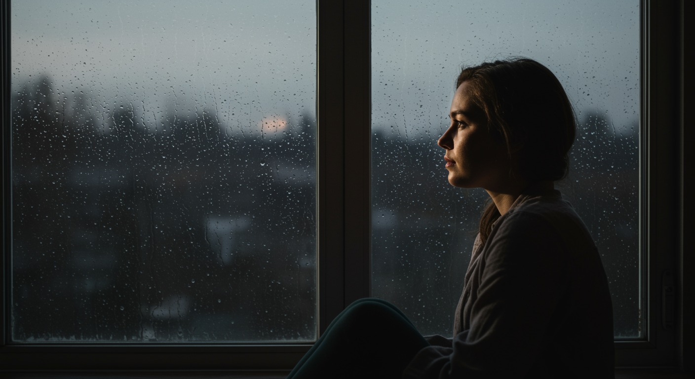 Person sitting by a rain-streaked window with soft overcast light casting gentle shadows across their face