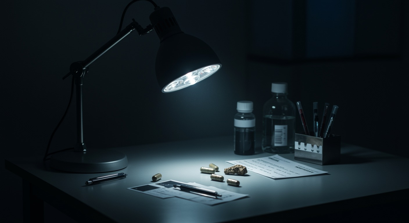 Clinical research setting with psilocybin capsules and psychological support materials on medical desk with professional lighting