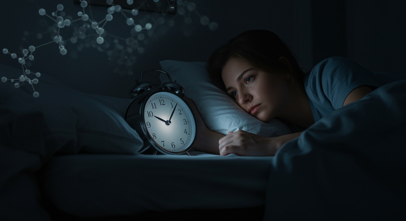Photorealistic image of person lying awake in bed at 3 AM looking at clock, with subtle glucose molecular structures in background, dim lighting, no text