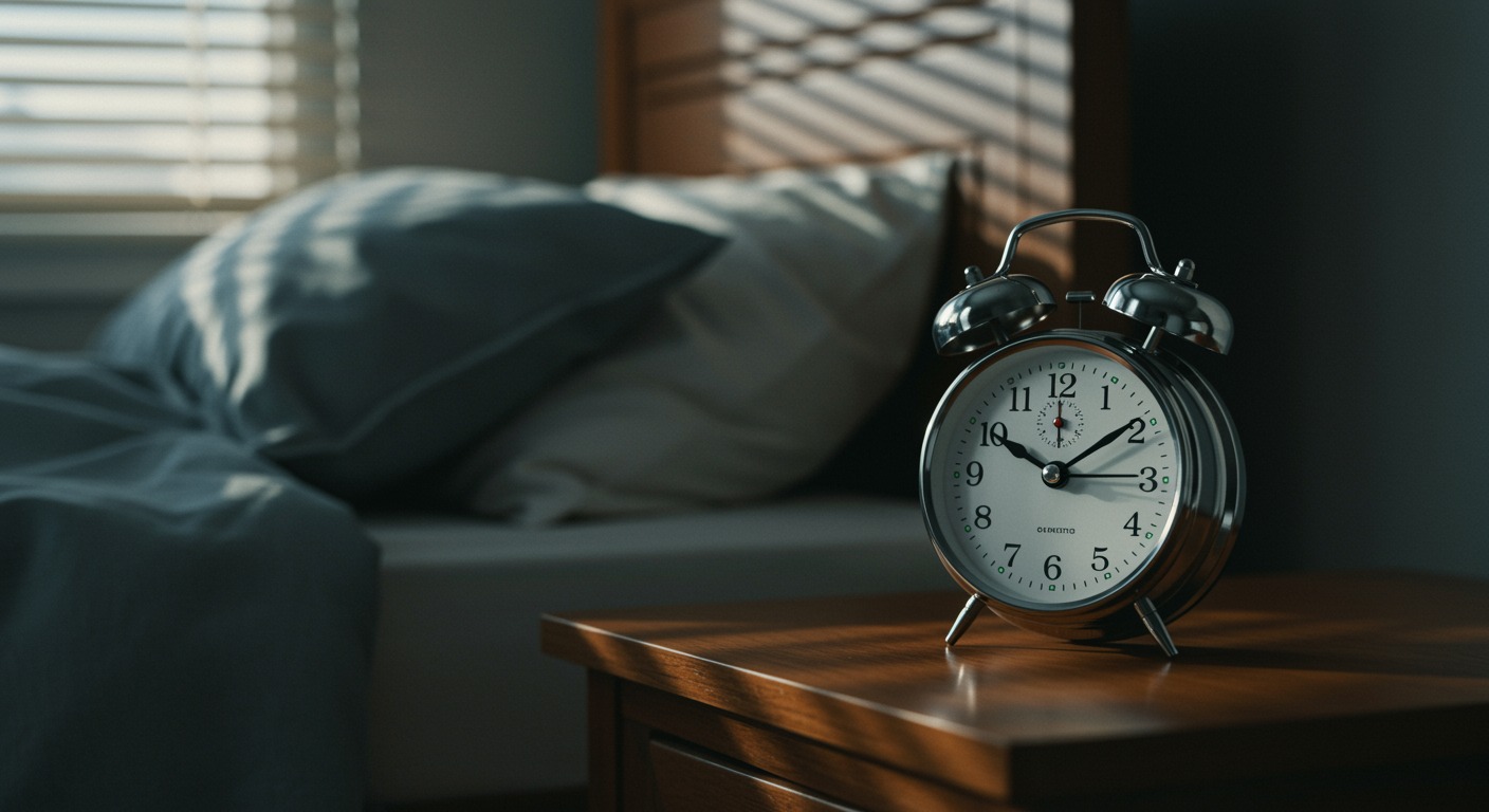 Classic silver twin-bell analog alarm clock with a clean plain white face, simple printed hour numbers and slender black clock hands, on a wooden nightstand beside a bed, soft cool pre-dawn light filtering through window blinds