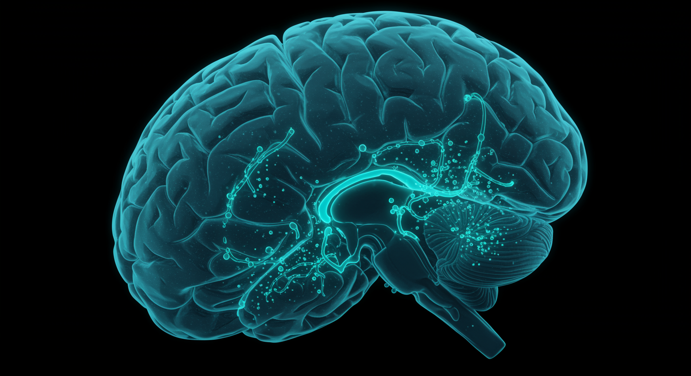Photorealistic cross-section view of sleeping brain with subtle flowing liquid patterns representing cerebrospinal fluid clearing waste, soft blue-green lighting, no text