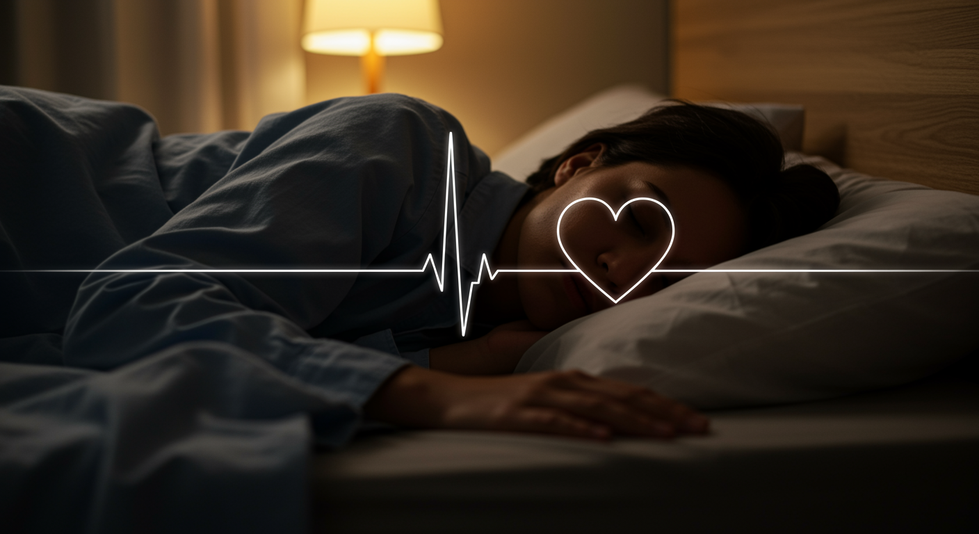 Photorealistic image of a person sleeping peacefully with a subtle heart rate monitor trace overlay, warm bedroom lighting, showing restful sleep and heart health connection, no text