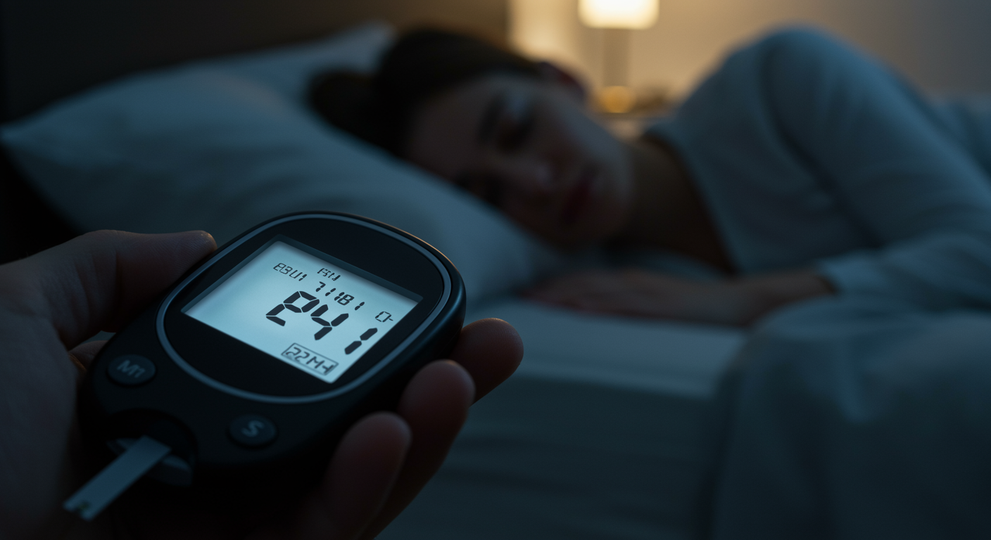 Photorealistic image of a glucose meter and peaceful sleeping person in background, soft bedroom lighting, showing connection between sleep and blood sugar control, no text