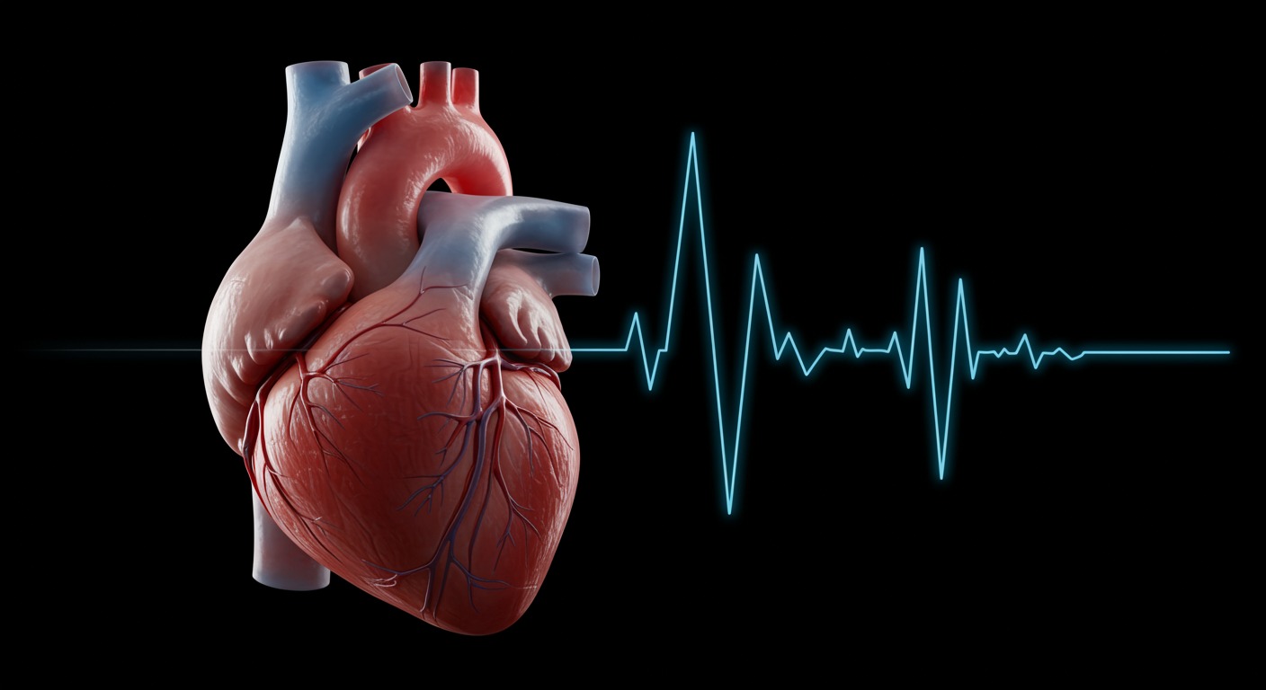 Photorealistic heart with irregular sleep pattern waves overlaid, showing cardiovascular impact of inconsistent sleep timing, medical visualization lighting, no text