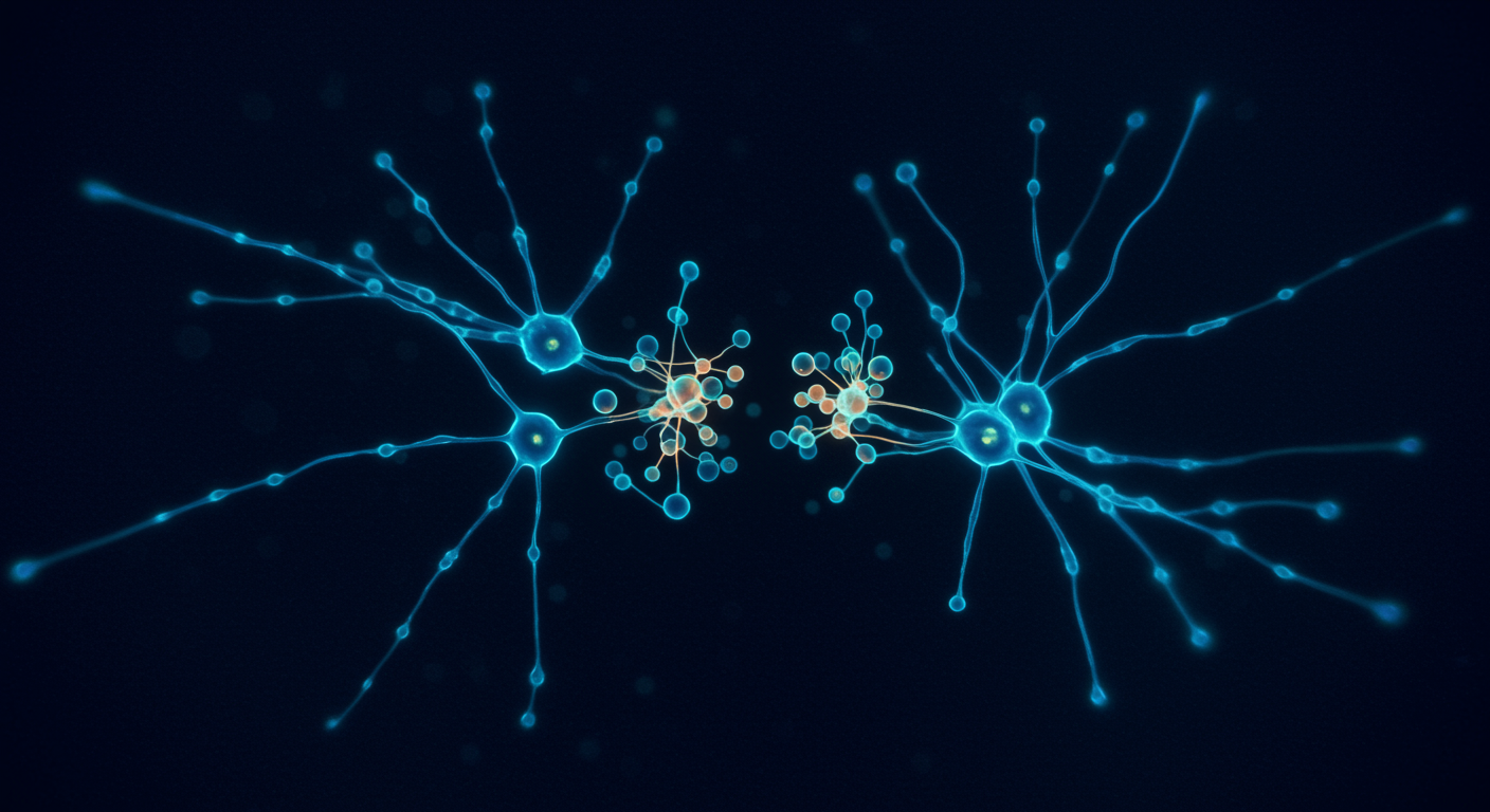 Photorealistic microscopic view of brain synapses being restored during sleep, showing neural connections strengthening and weakening, soft blue scientific lighting, no text