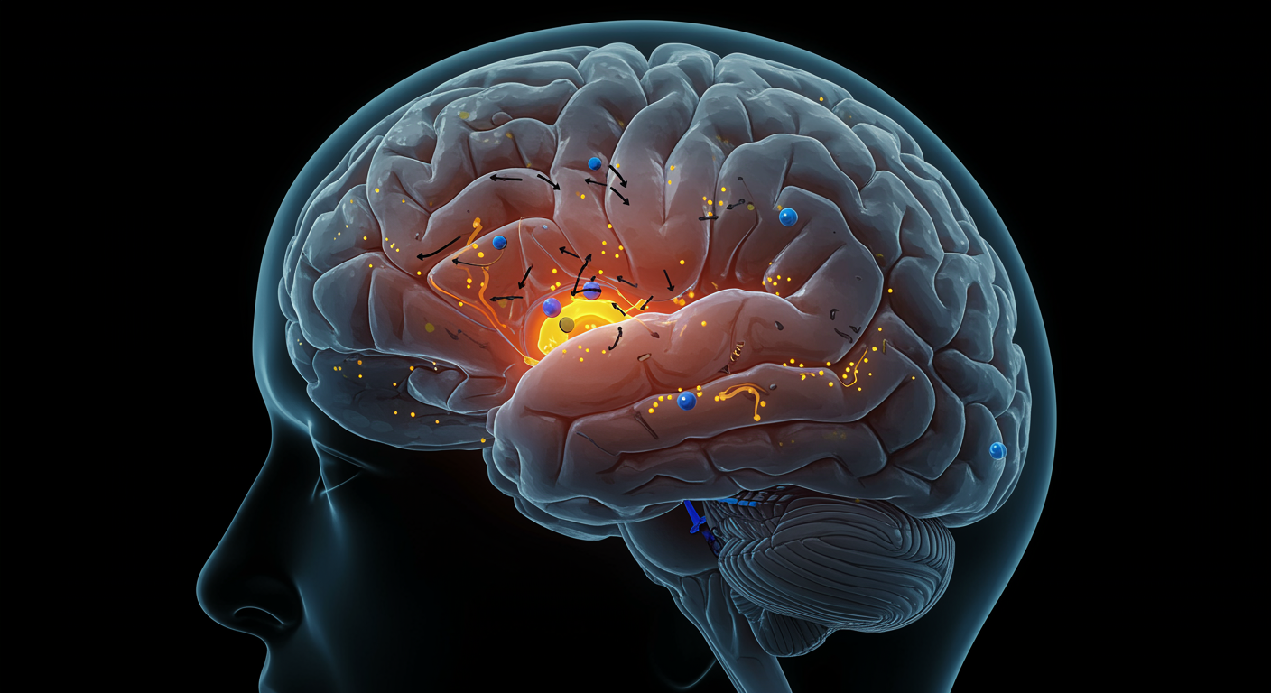 Photorealistic brain visualization showing glycine's action on NMDA receptors in the suprachiasmatic nucleus, with sleep and temperature regulation pathways, soft neuroscientific lighting, no text