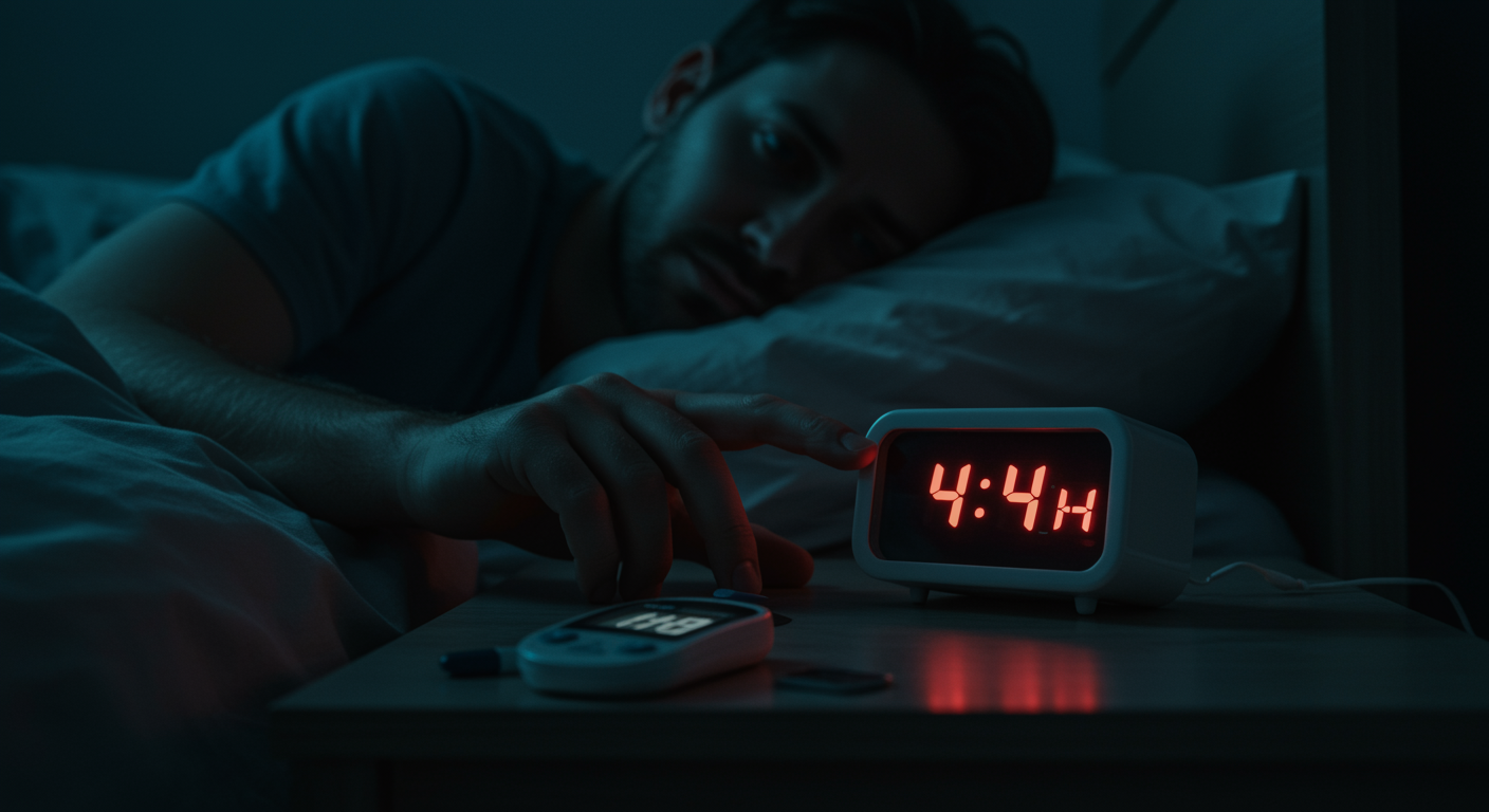 Photorealistic image of a tired man checking time on bedside clock showing 4 AM, with glucose meter nearby, dim bedroom lighting, no text
