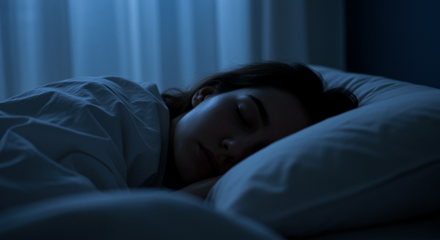 Close-up of a peaceful sleeping face on white pillows with soft moonlight blue tones through curtains