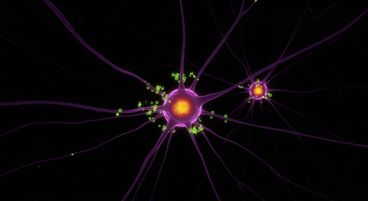 Photorealistic microscopic view of brain neurons with tau proteins being cleared during sleep cycle, soft scientific lighting with day-night transition, no text