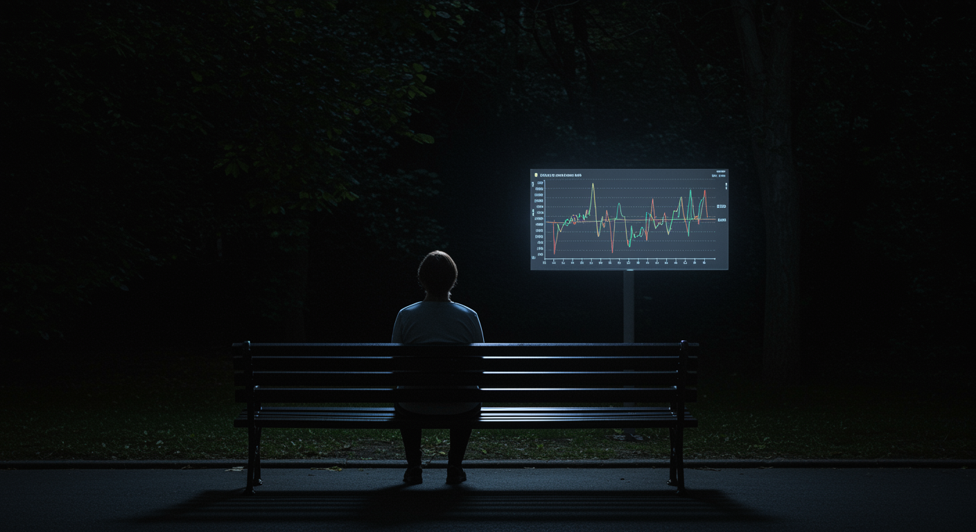 Single person sitting alone on park bench with inflammatory biomarker data displayed on medical screen with clinical lighting