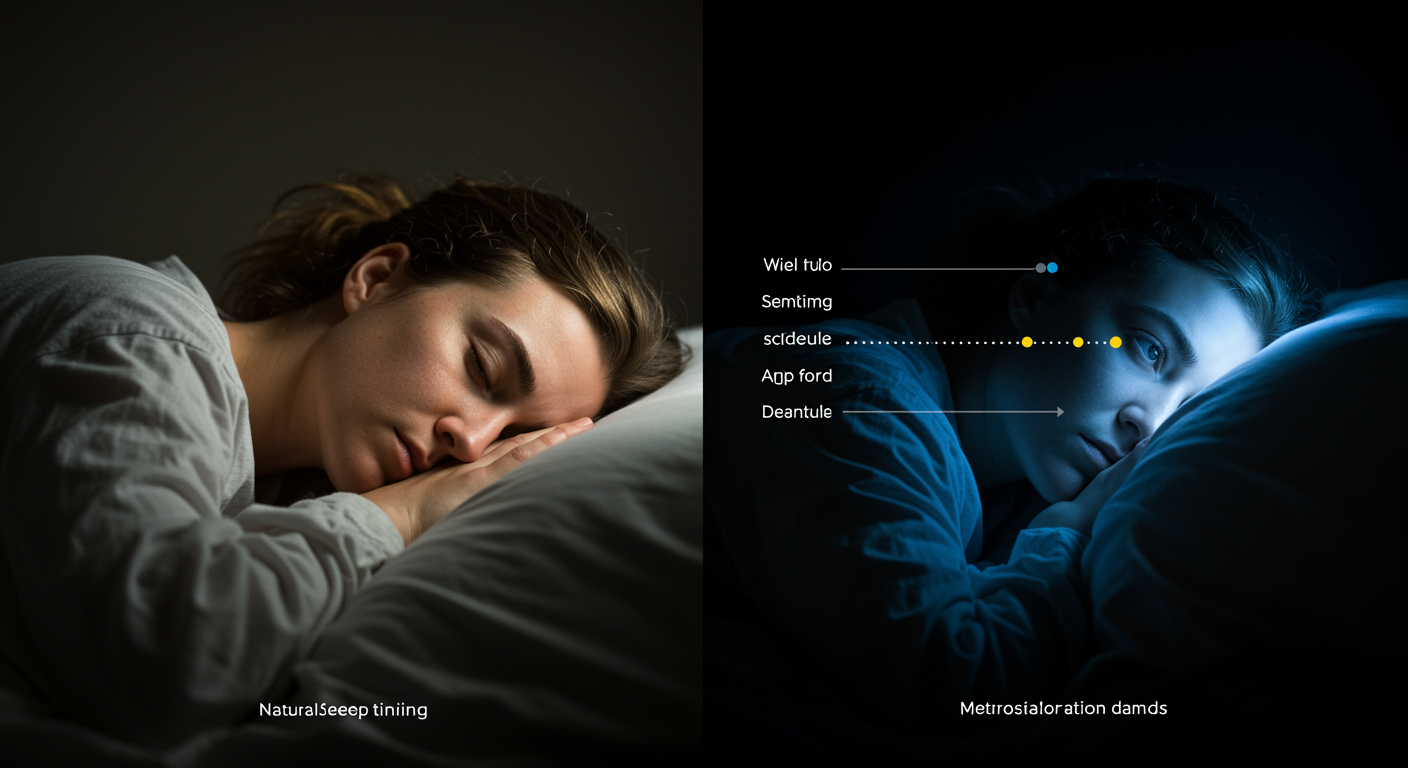 Photorealistic split image showing natural sleep timing versus social schedule demands, with metabolic disruption visualization, soft chronobiological lighting, no text