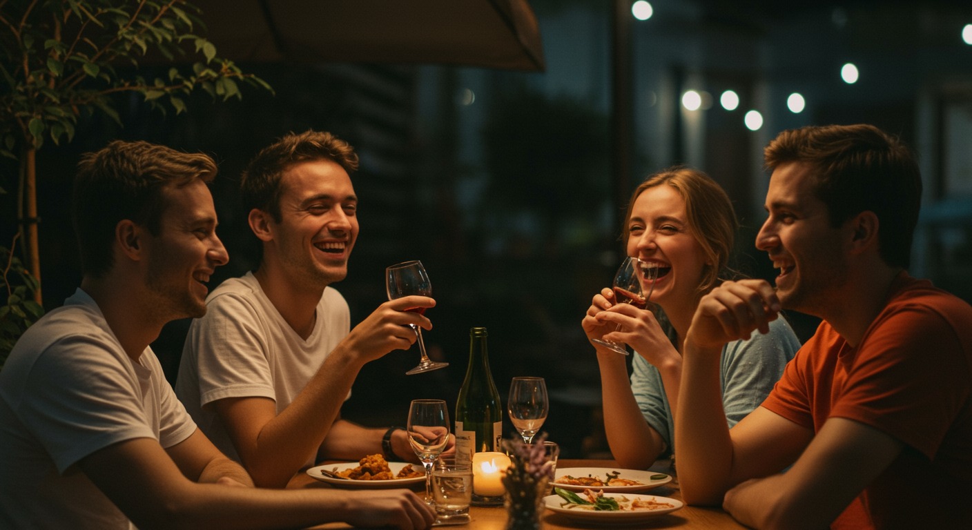 Friends laughing together at warm outdoor dinner